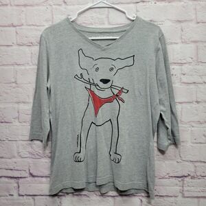Marushka‎ Hand Printed Dog V-neck Tshirt Women M Pullover Boho Artsy Graphic Tee